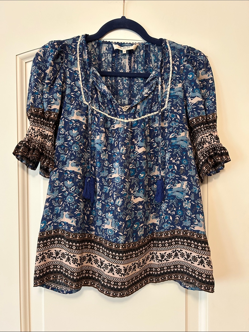 Sea New York Blue Hare Border Print Tunic Top with Tassel Ties